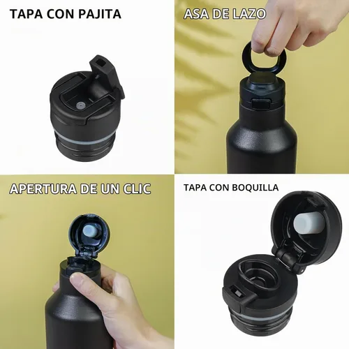 Vista 3 de BJPKPK Botella de agua aislada con pajilla, botellas de agua de acero inoxidable de 17 onzas con 2 tapas y asa de transporte, botella térmica
