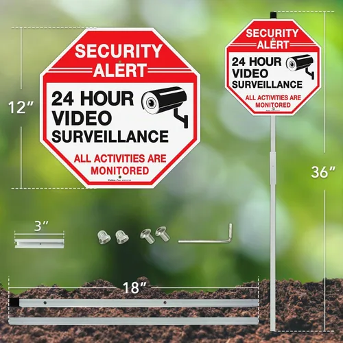 Vista 2 de Faittoo Letrero de seguridad para videovigilancia con estaca de 36 pulgadas para exterior, aluminio pesado libre de óxido, reflectante, resistente a