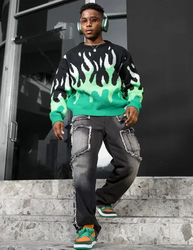 Vista 54 de ZAFUL Y2K - Suéter casual con estampado de llama estética para hombre, suéter de punto holgado, manga larga, cuello redondo