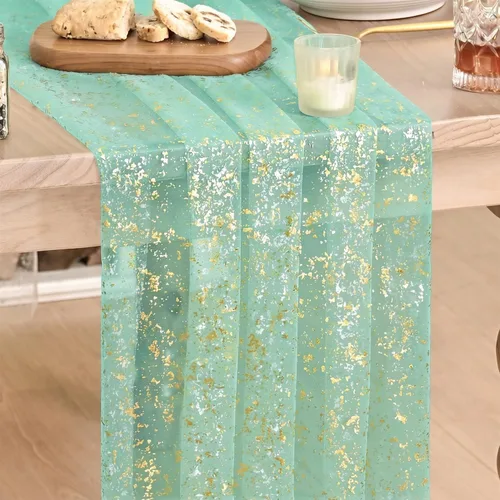 Vista 19 de Artoid Mode Camino de mesa de gasa color beige dorado de 120 pulgadas, 10 pies, lámina metálica con purpurina transparente para comedor, boda