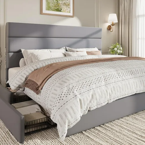 Vista 10 de SHA CERLIN Base de cama de plataforma de tamaño matrimonial con 4 cajones de almacenamiento, cabecera tapizada de terciopelo, base de colchón