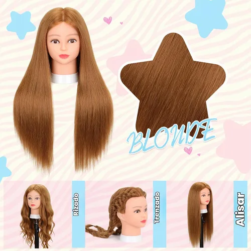 Vista 6 de Cabeza de maniquí con cabello humano, rubio, 26-28 pulgadas, cabello 80%
