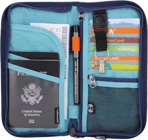 Vista 2 de ZOPPEN Cartera de viaje RFID y organizador de documentos con cremallera con correa de muñeca extraíble Cartera RFID