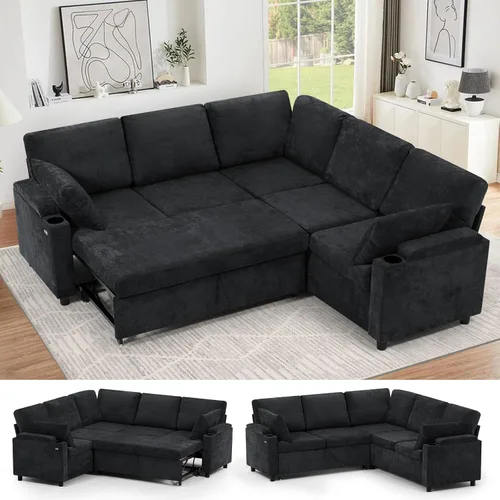 Vista 9 de Sofá modular de felpilla de 85 pulgadas con cama extraíble y Marrón