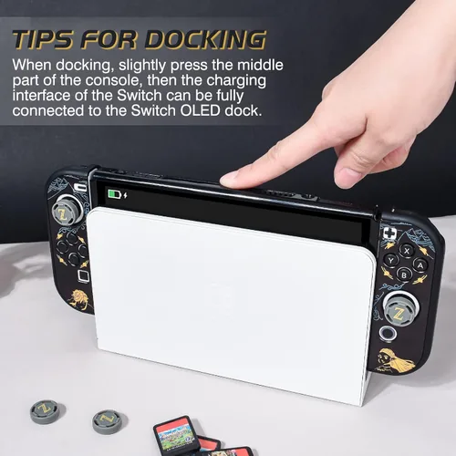 Vista 2 de DLseego Zelda Switch - Funda protectora OLED acoplable, carcasa rígida negra, a prueba de golpes, con 4 tapas de agarre para el pulgar, compatible