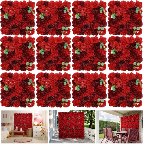 Vista 16 de Telón de fondo de pared de flores, 12 piezas de 16.5 x 16.5 pulgadas, panel de pared floral de rosa de seda artificial, decoración de pared ideal