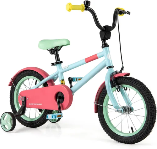 Vista 11 de BABY JOY Bicicleta infantil de macarones coloridos, de 12, 14, 16 y 18 pulgadas, bicicleta deportiva para niños con ruedas de entrenamiento