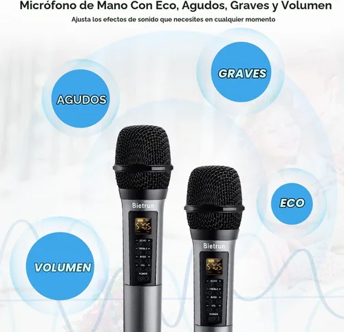Vista 9 de Bietrun - Micrófonos inalámbricos con eco, agudos, graves y Bluetooth, rango de 160 pies, sistema de micrófono dinámico de mano UHF portátil