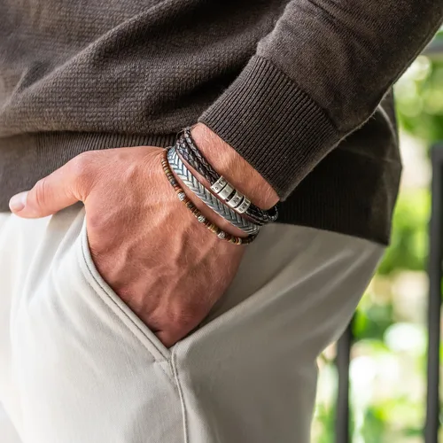 Vista 5 de Sett&Co - Personalized "Quest" BrownBlack Leather Bracelet With Up To 7 Custom Beads With Inscription - Sterling Silver 0.925, 18K Gold Plated