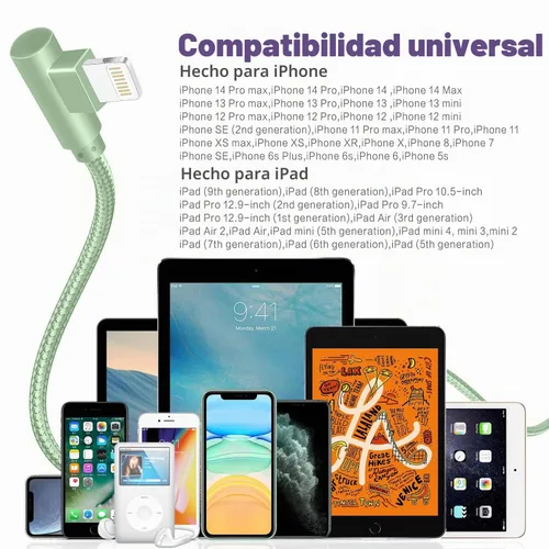 Vista 6 de Cargador para iPhone, paquete de 3 cables Lightning de 6 pies [certificado Apple MFi] Cable de carga rápida para iPhone de 90 grados, cable trenzado