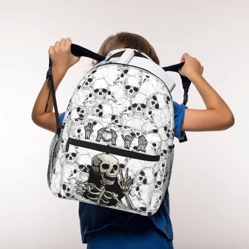 Vista 2 de VIPOIN Mochila para niños, esqueletos de calavera de rock and roll, mochila de Halloween para niños para viajes escolares y actividades al aire