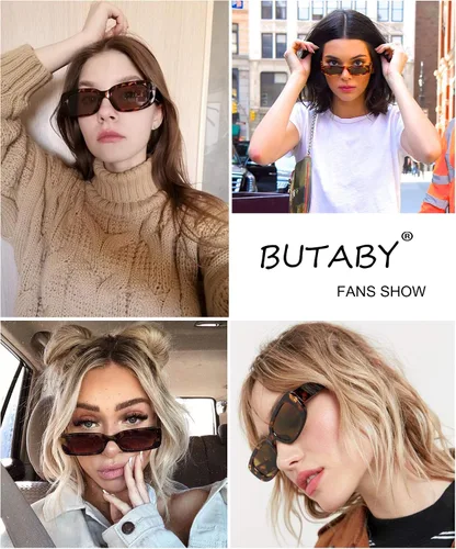 Vista 6 de BUTABY Gafas de sol rectangular para mujer retro, gafas de conducción, gafas de los años 90, vintage, marco estrecho cuadrado, protección UV400