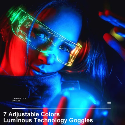 Vista 5 de Gafas de visera LED, 7 colores, gafas futuristas, 3 modos de iluminación, gafas luminosas Cyberpunk para adultos, bar, cosplay, fiesta de Halloween
