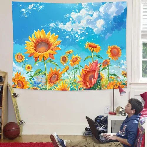Vista 3 de WODEJIAFANG Tapiz estético de tela para pared, tapiz decorativo de girasol, fondo de oficina, divisor de habitación para dormitorio, jardín al aire