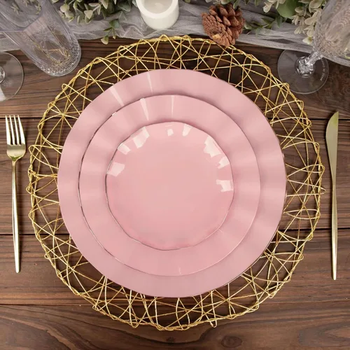 Vista 67 de Tableclothsfactory Paquete de 10 platos redondos de plástico negro de 6 pulgadas para ensalada de postre, platos desechables con borde ondulado