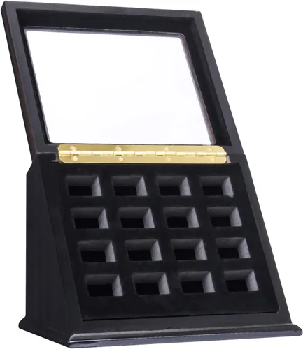 Vista 3 de Vitrina de anillo de campeonato, caja de madera para anillos deportivos (16 ranuras, inclinada, negro)