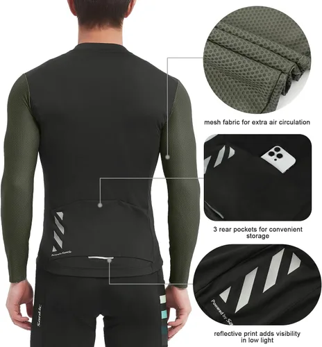 Vista 11 de Santic - Camiseta de ciclismo para hombre, manga larga, reflejante, cremallera completa, con bolsillos