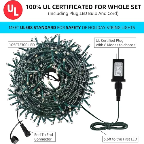 Vista 6 de MZD8391 300 luces LED rojas y verdes de 105 pies, luces de Navidad para interiores y exteriores, luces de árbol de Navidad, decoraciones de fiesta