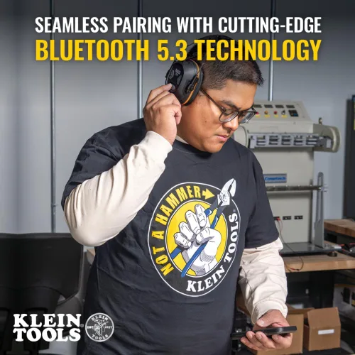 Vista 5 de Klein Tools AESEM1 Orejeras de seguridad de protección auditiva con tecnología Bluetooth, NRR 20dB, tiempo de funcionamiento de 70 horas