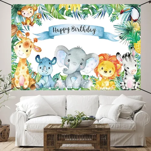 Vista 9 de Renaiss Cartel de feliz cumpleaños de 6 x 3.6 pies, decoración de fiesta infantil de animales salvajes de safari, selva tropical, decoración