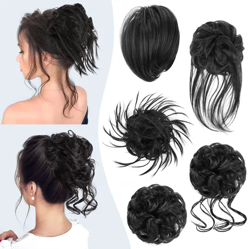 Vista 16 de HMD 5 piezas de moño despeinado para mujer, extensión de cabello con banda de goma elástica, extensión de cabello largo y desordenado, accesorios