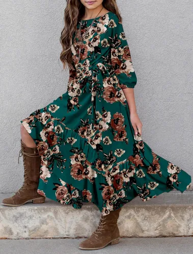Vista 3 de MITILLY Vestido largo suelto de manga 34 para niñas, con bolsillo casual, con volantes, con cinturón