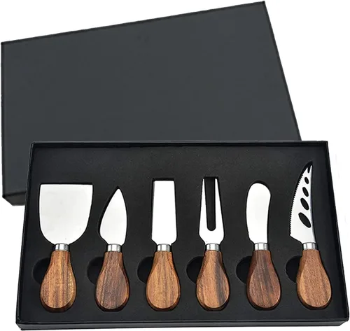 Vista 7 de Juego de 4 Piezas de Cuchillos para Queso - Cuchillos para Queso de Acero Inoxidable con Mango de Madera de Acacia - Juego de Cuchillos
