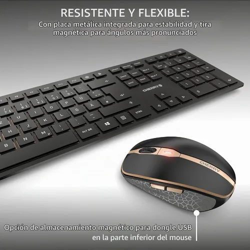 Vista 6 de CHERRY DW 9100 - Combo de teclado y mouse inalámbrico delgado, recargable Negro y bronce.