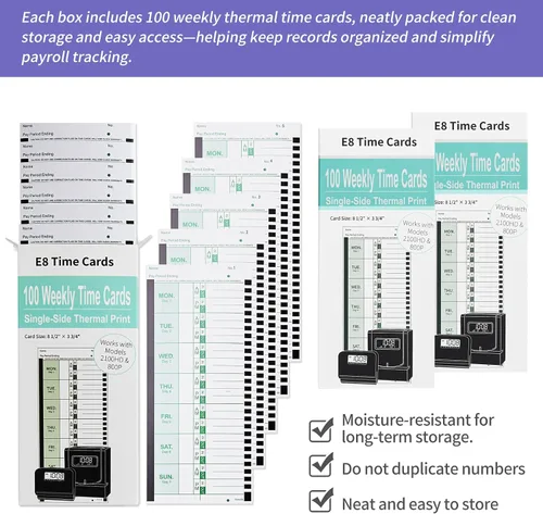 Vista 2 de 600 tarjetas de tiempo térmico semanales E8, compatibles con Lathem 2100HD