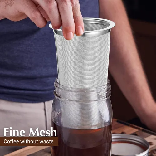 Vista 5 de Paquete de 3 filtros de café frío para tarros Mason de boca ancha de 64 onzas, filtro de acero inoxidable 304, filtro de malla ultra fina