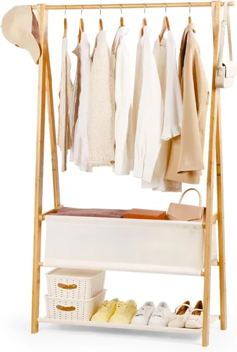 Vista 10 de Perchero de bambú con caja de almacenamiento y estante de almacenamiento, perchero portátil extra grande para ropa, armario plegable para entrada