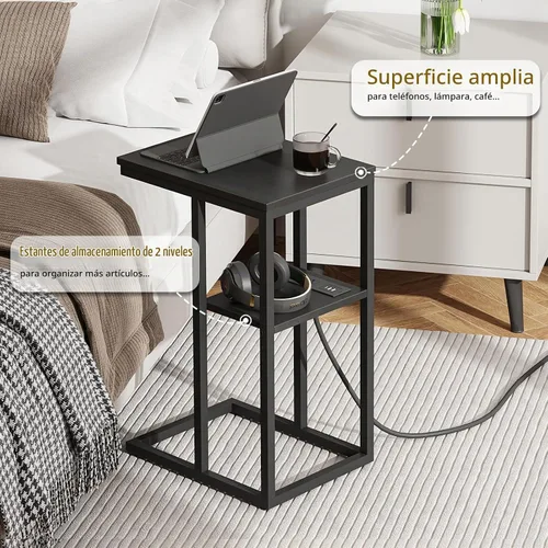 Vista 5 de Vagusicc Mesa auxiliar en forma de C con estación de carga, mesa auxiliar pequeña para sofá, mesa auxiliar de aperitivos con puertos USB y salidas