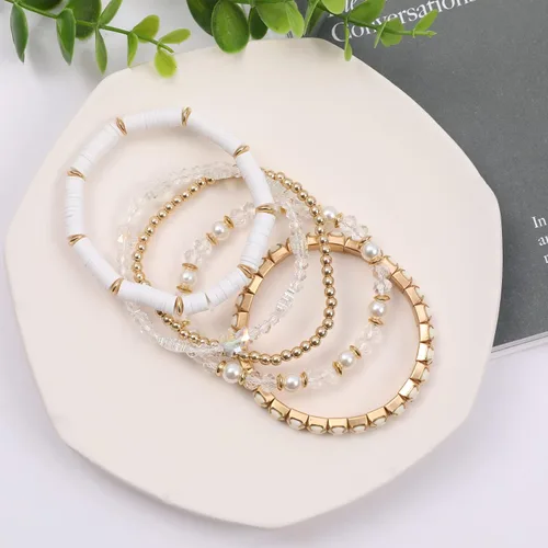 Vista 2 de Pulseras de cuentas de arcilla, pulseras de cristal con cuentas de varias capas, bohemio, blanco y rosa, juego de pulseras para mujer