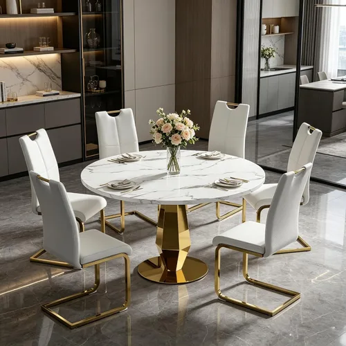 Vista 7 de Henf Mesa de comedor redonda de mármol sintético para 4 a 6 personas, mesa de cocina moderna de oro blanco de 47 pulgadas con base de acero Mesa