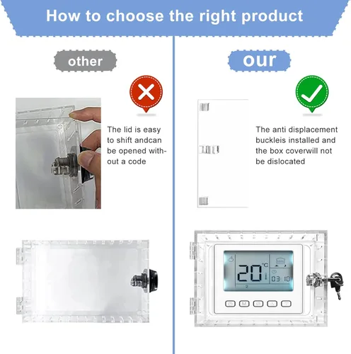 Vista 5 de Caja de bloqueo de termostato universal con llave, protector de termostato grande transparente para pared, cubierta de termostato con cerradura