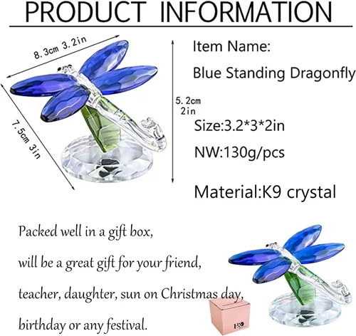 Vista 5 de H&D HYALINE & DORA Figura de animales de cristal de cristal, libélula de pie azul, caja de regalo