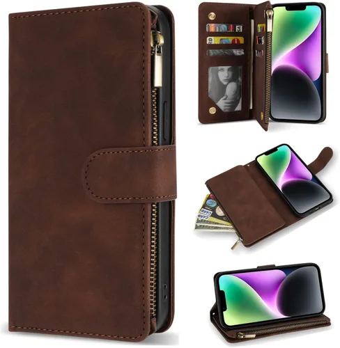Vista 14 de ZZXX Funda tipo cartera para iPhone 14 Plus con [Bloqueo RFID] Ranura para tarjetas Cuero PU suave premium con cremallera tipo folio plegable