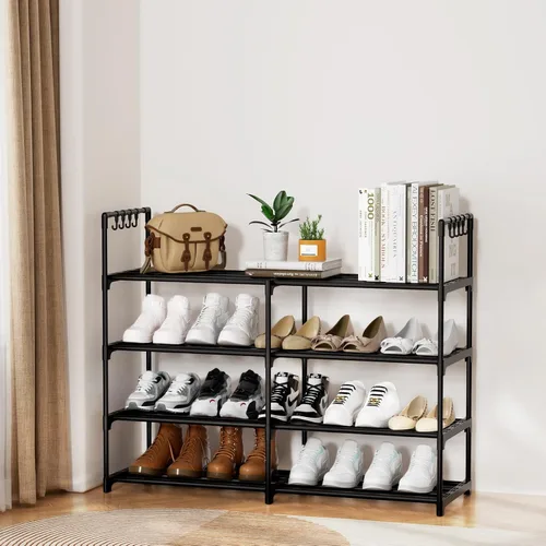 Vista 2 de Estante para zapatos de 2 filas y 4 niveles, estante de zapatos apilable de metal negro con ganchos multifuncionales, capacidad para 16-20 pares