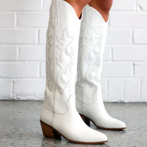 Vista 4 de MeiLuSi Botas vaqueras para mujer, hasta la rodilla, botas vaqueras con punta puntiaguda, tacón grueso, zapatos de gamuza con bordado