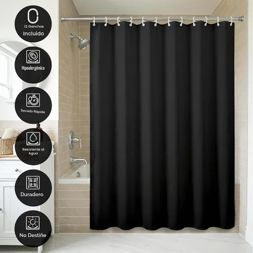 Vista 4 de Americanflat 71x74 Cortina de Ducha Sólida Negra - Cortina de Ducha Larga Resistente al Agua con Ojales de Metal Duraderos y 12 Ganchos - 100% Negro