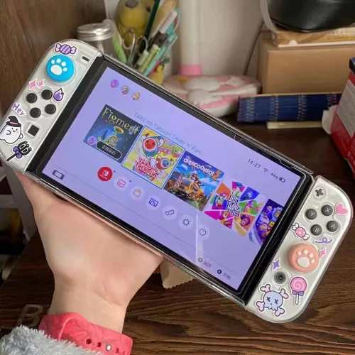 Vista 6 de ENFILY Cute Kuromi Case Compatible with Nintendo Switch OLED 2021 Dockable Case Cover Ergonomic Soft TPU Grip Case for Joycon Sparkle Skin Set with