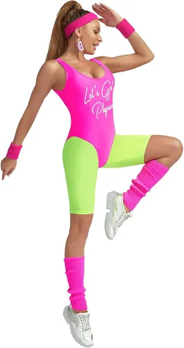 Vista 3 de MIAIULIA - Traje de entrenamiento de los años 80 para mujer, conjunto de accesorios de los años 80, leotardo, leggings de neón, diadema y muñequeras