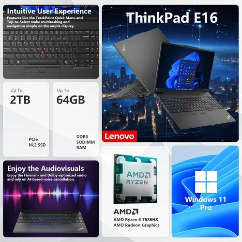 Vista 2 de Lenovo Laptop empresarial ThinkPad E16 Gen 2 AMD Ryzen 5 7535HS de 16 GB +