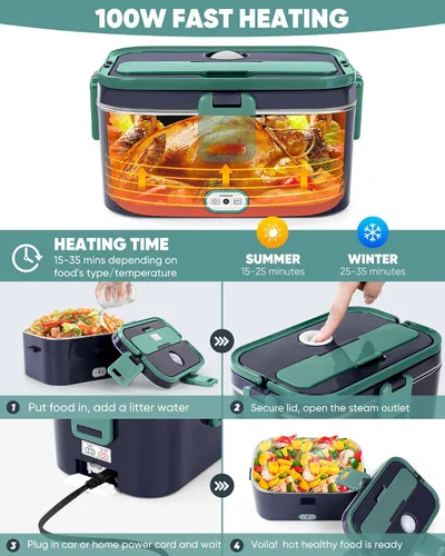 Vista 4 de Eocolz Fiambrera eléctrica calentador de alimentos 100 W, 1.8 L portátil calentado fiambrera para coche camión trabajo con contenedor de acero