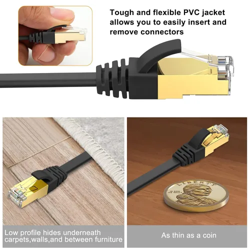 Vista 8 de Ercielook Cable Ethernet CAT8 de alta velocidad de 20 pies, cable plano de Internet blindado, resistente a la intemperie S/FTP resistente a los Negro