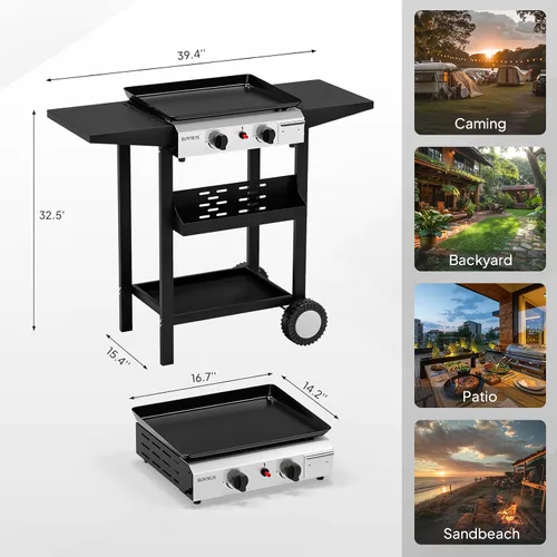 Vista 8 de Bonnlo Parrilla de Propano Portátil de 2 Quemadores, Parrilla de Gas de 20,000 BTU con Bandeja Esmaltada, Parrilla de Superficie Plana Rodante