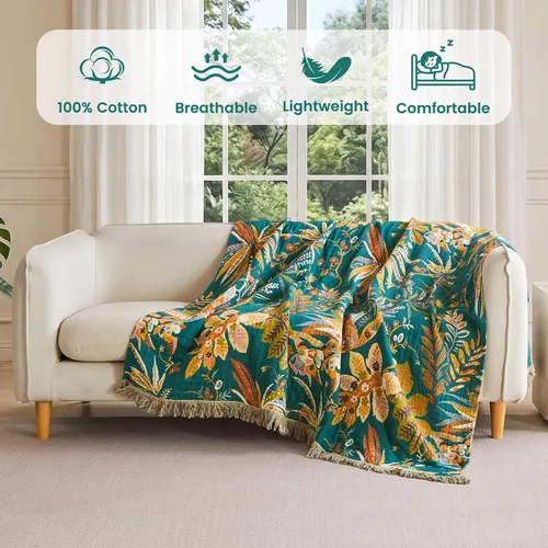 Vista 65 de MSGKV - Manta bohemia/primaveral de algodón para sofá y sala de estar, de gasa acogedora, de 50 x 60 pulgadas 50"x60" Cotton Throw, Woven Bird