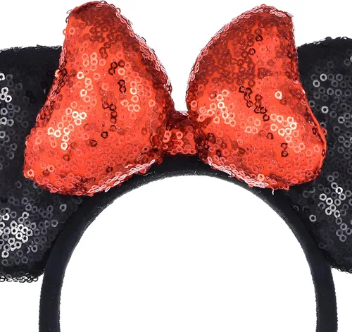 Vista 4 de A Miaow Diadema de orejas de ratón negro 3D con lentejuelas MM purpurina mariposa cierre de pelo suministro de parque para adultos mujeres accesorio