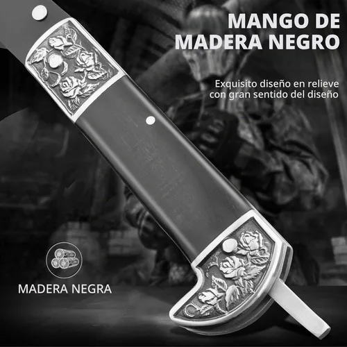 Vista 3 de VALHALLA Hoz plegable, guadaña plegable negra afilada con 2 secciones, cuchillo de hoz de mano con mango de madera, cuchillo de hoz de seguridad