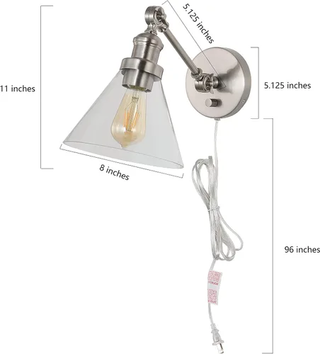 Vista 6 de JONATHAN Y Aplique de pared LED ajustable de níquel de 8 pulgadas, lámpara de pared enchufable con interruptor de atenuación, pantalla de vidrio